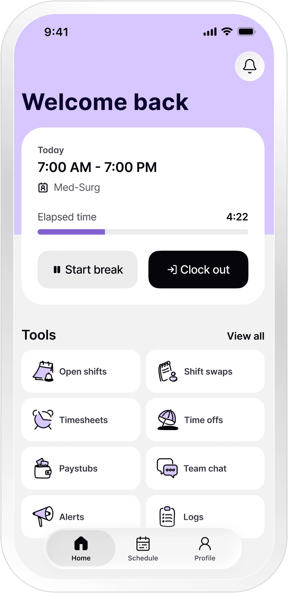 Untether mobile app showing shift details, time tracking, and workforce tools like open shifts, timesheets, and team chat